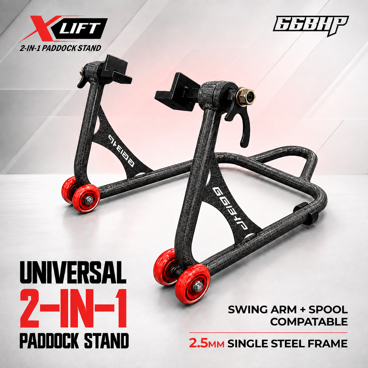 66Bhp X-Lift | The Ultimate 2-in-1 Paddock Stand – Spool & Swingarm Ready
