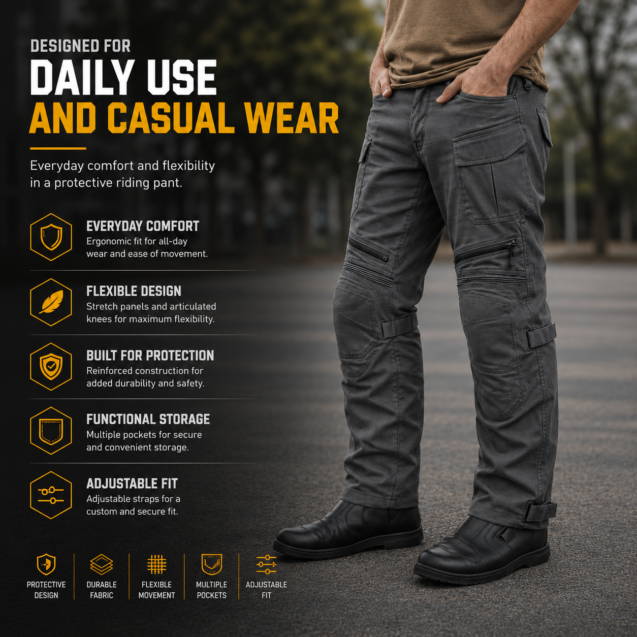 Nomad Riding Cargo Pants – Level 2 CE Knee Protection | Adjustable Straps | Everyday Riding Comfort