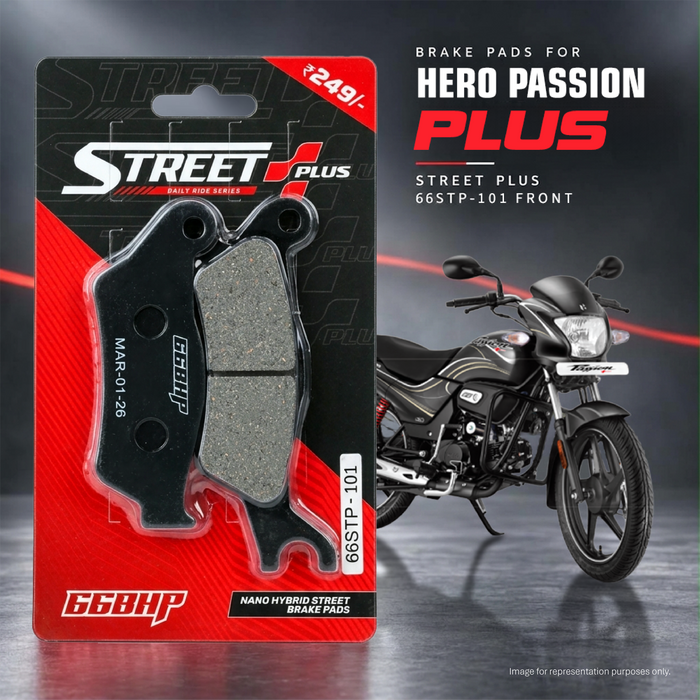 66BHP Street Plus nano-organic brake pads for Hero Passion Plus / Passion Pro / Passion X Pro