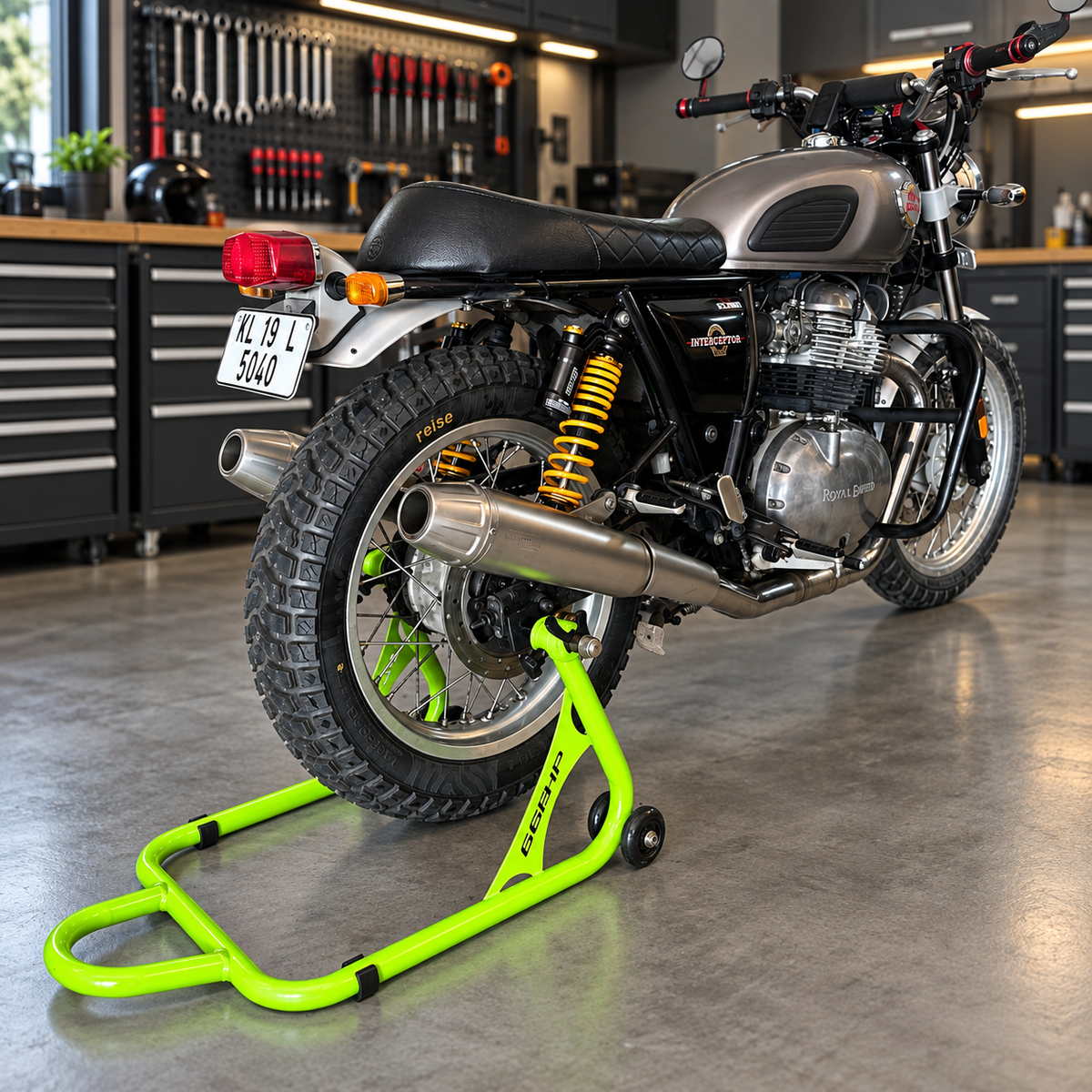 Lime-green 66BHP X-Lift supporting the rear of a Royal Enfield Interceptor