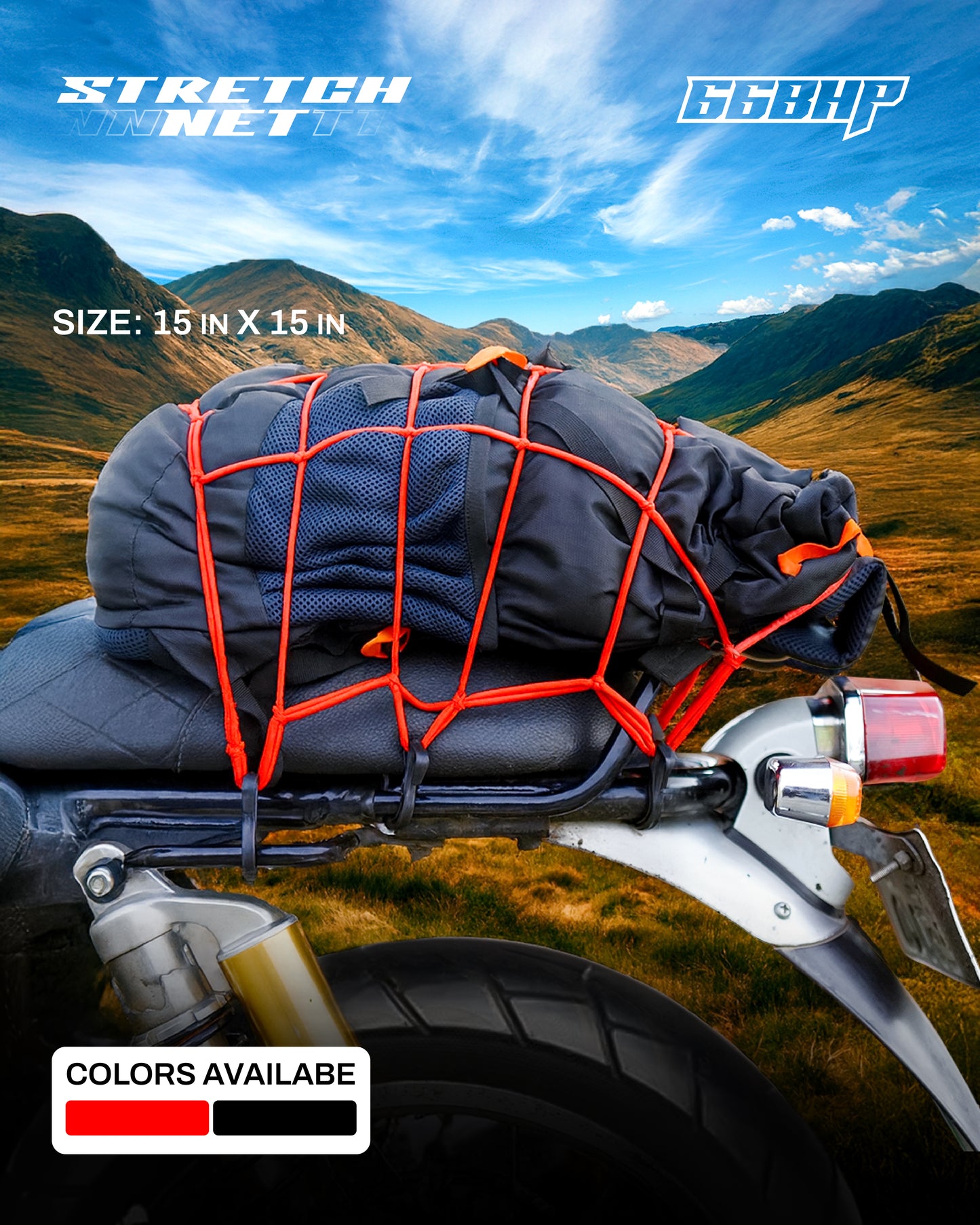 66BHP Stretch Cargo Net 15 x 15 inch with 6 Scratch-Proof Hooks – Motorcycle Luggage Net