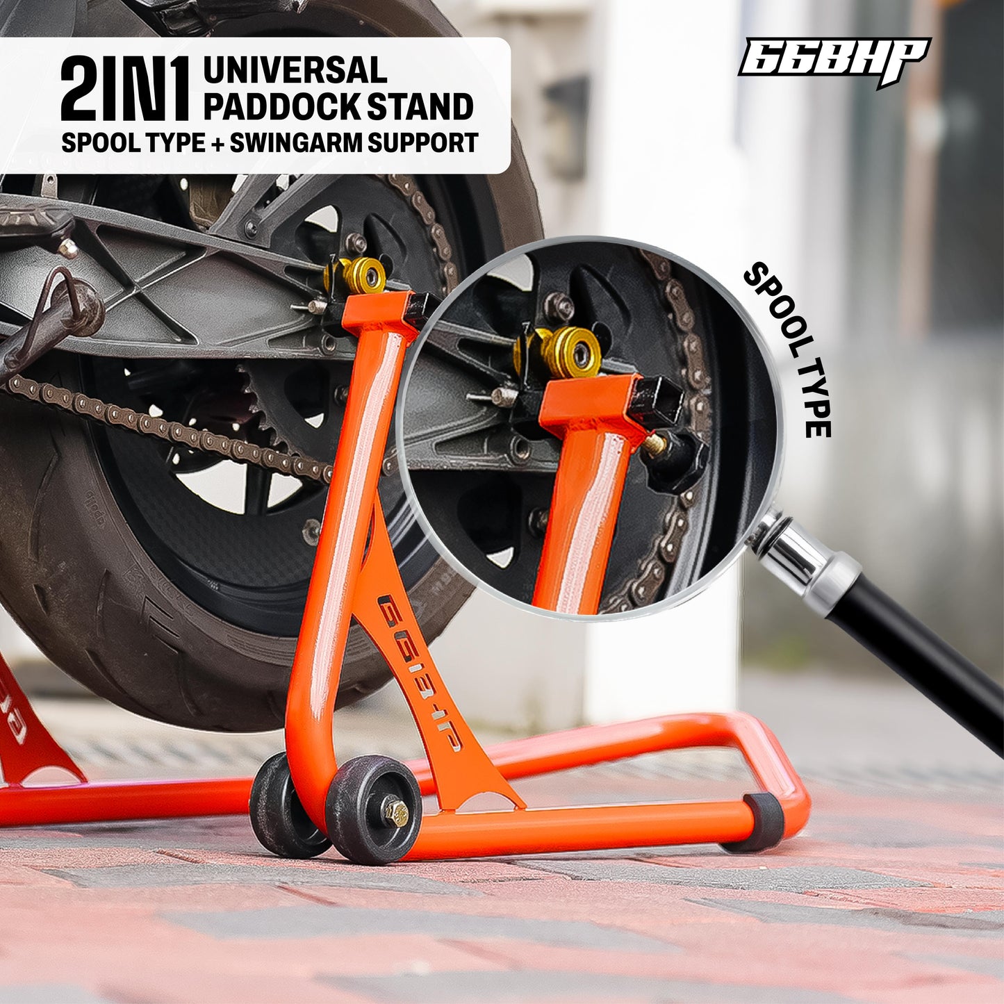 66Bhp Universal Paddock Stand – Spool Type + Swing Arm (2-in-1)