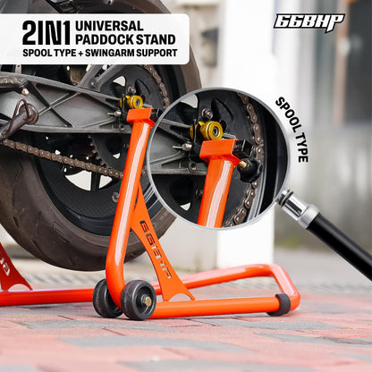 66Bhp Universal Paddock Stand – Spool Type + Swing Arm (2-in-1)