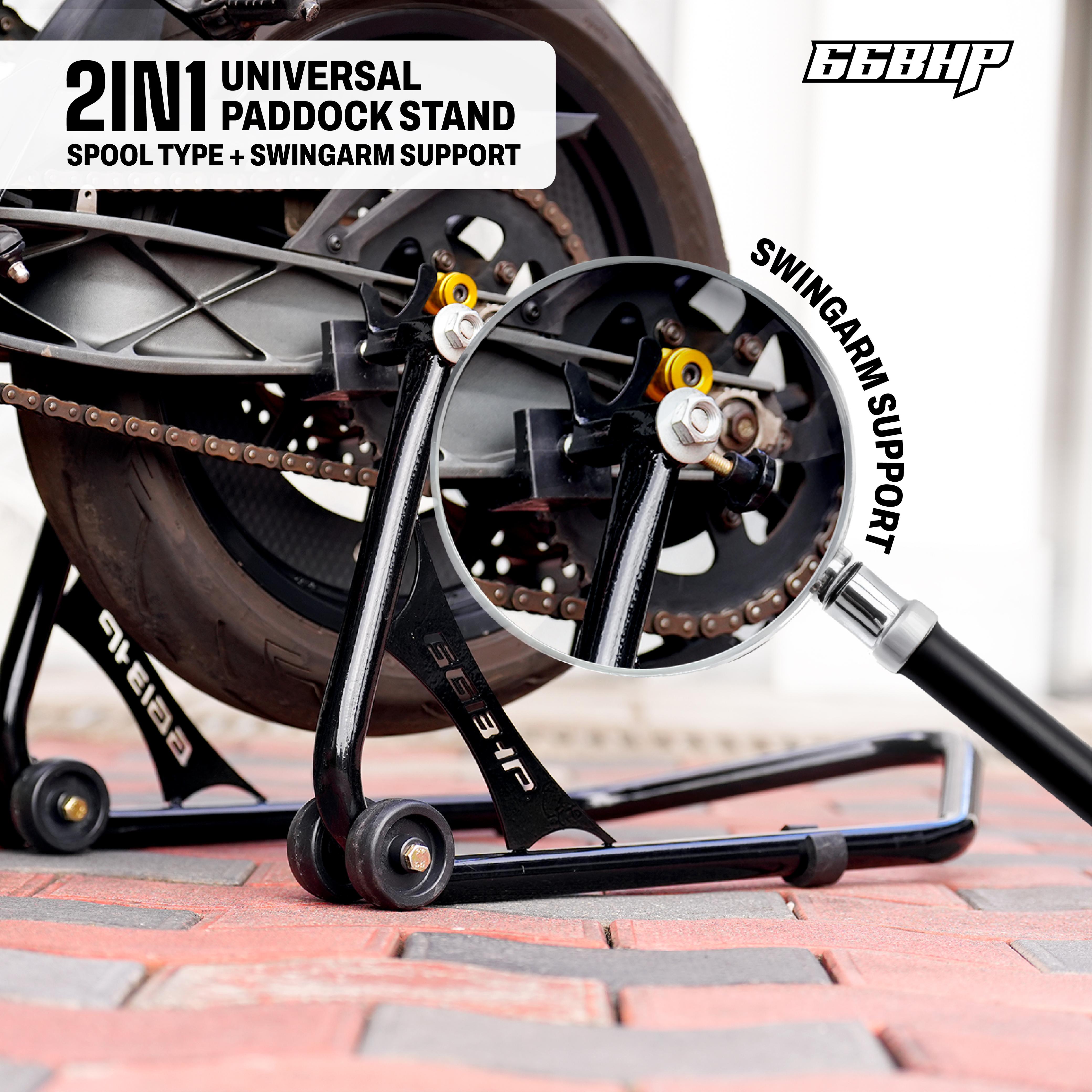 66Bhp Universal Paddock Stand – Spool Type + Swing Arm (2-in-1)