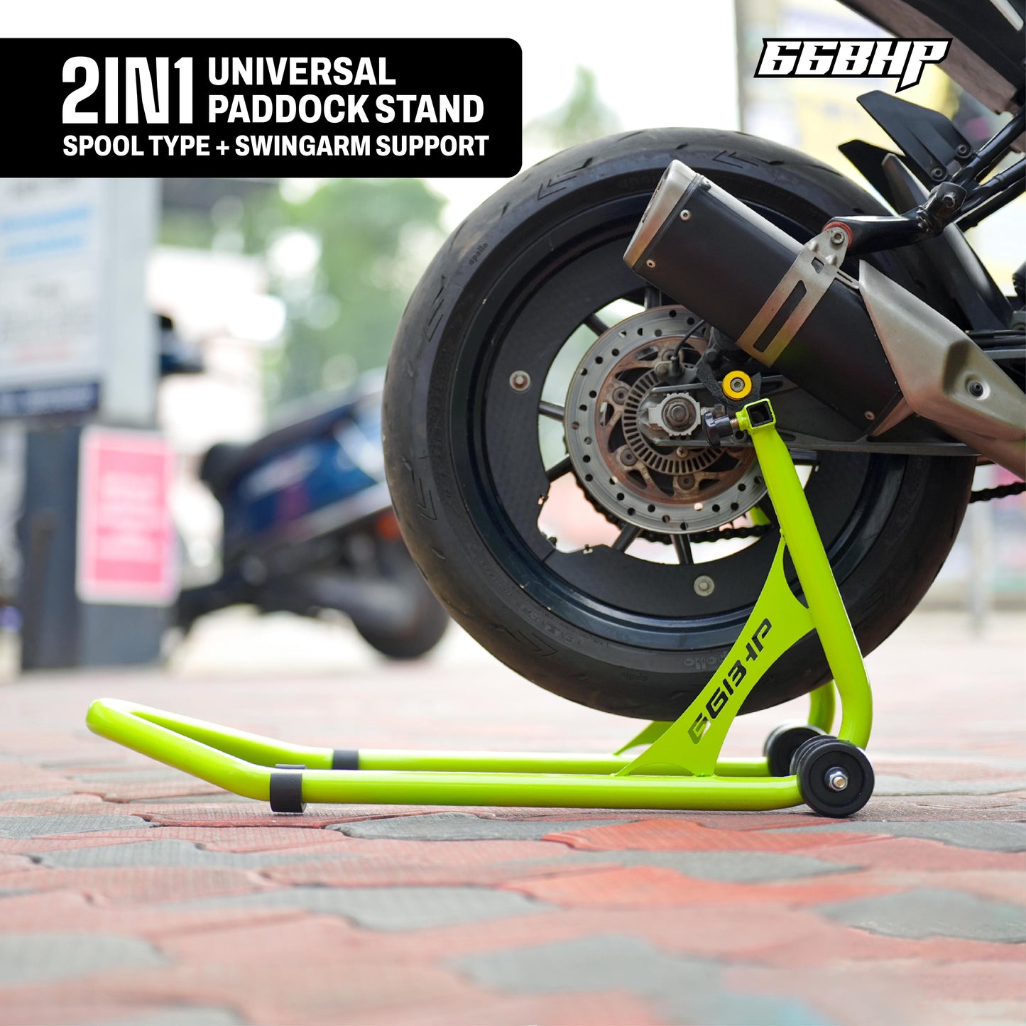 66Bhp Universal Paddock Stand – Spool Type + Swing Arm (2-in-1)