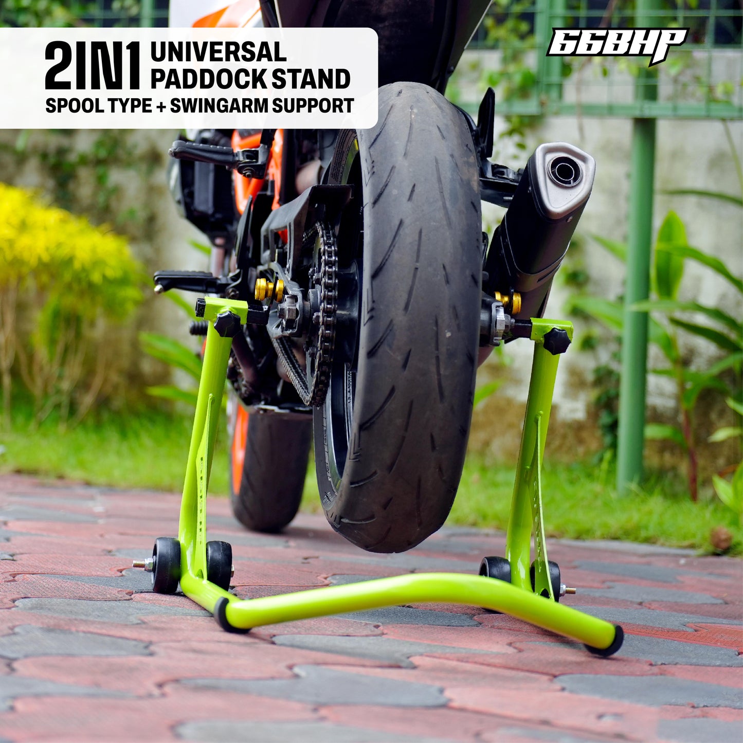 66Bhp Universal Paddock Stand – Spool Type + Swing Arm (2-in-1)