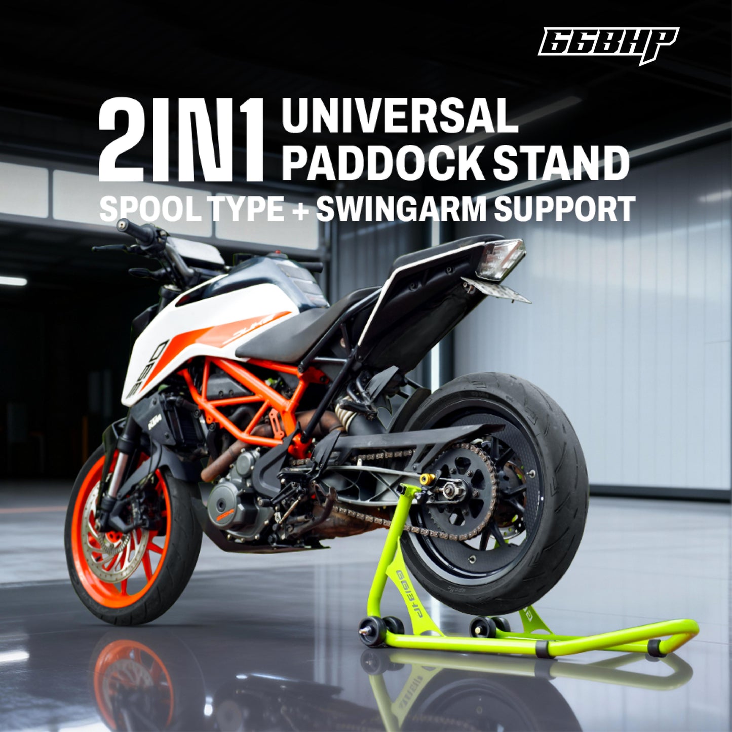 66Bhp Universal Paddock Stand – Spool Type + Swing Arm (2-in-1)