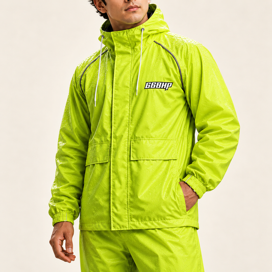 Front view of the 66BHP Storm X rain jacket on an ivory background